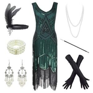 4611 1920s Sequin Mermaid Formal Long Flapper Gown Party